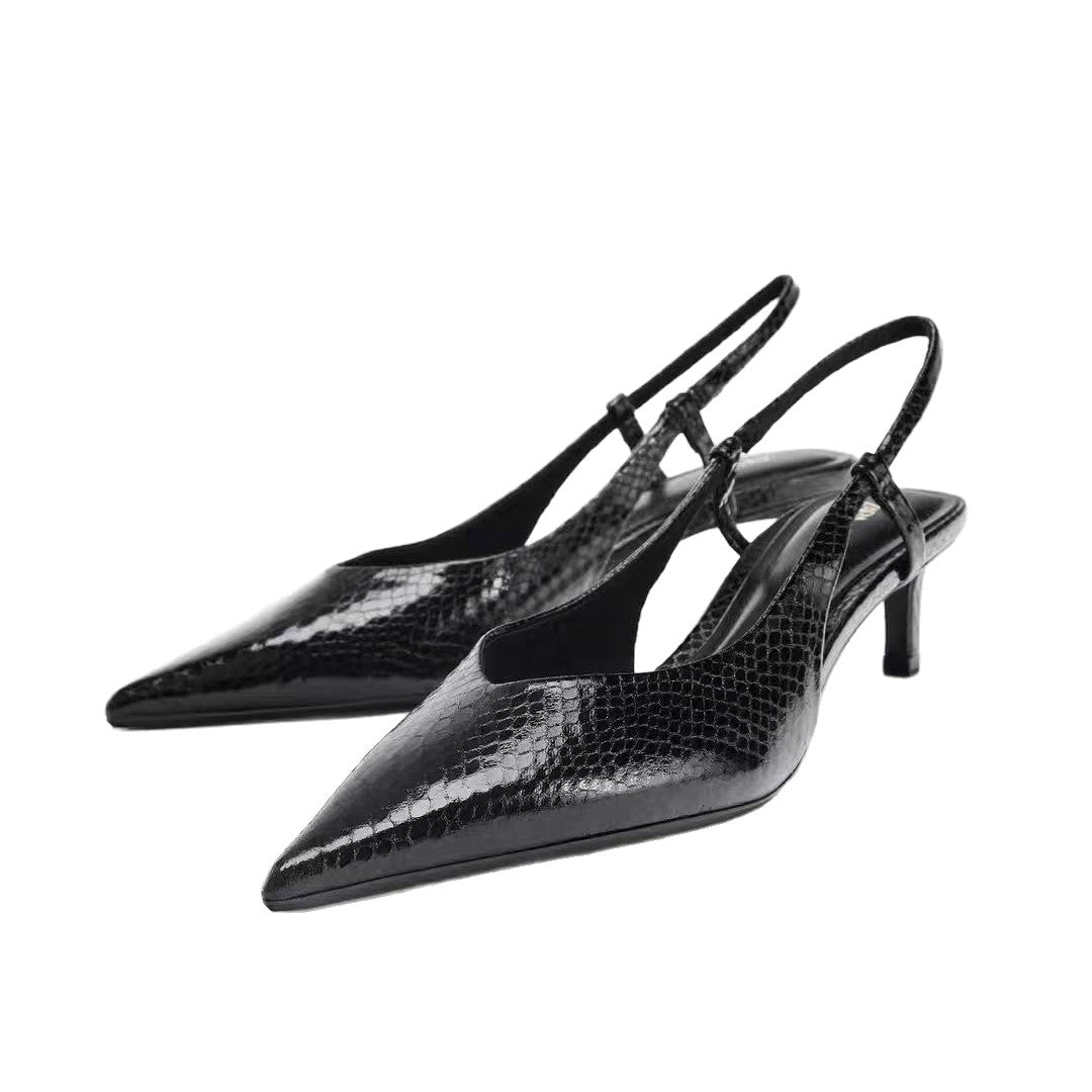 Black textured kitten-heel slingbacks, view 3