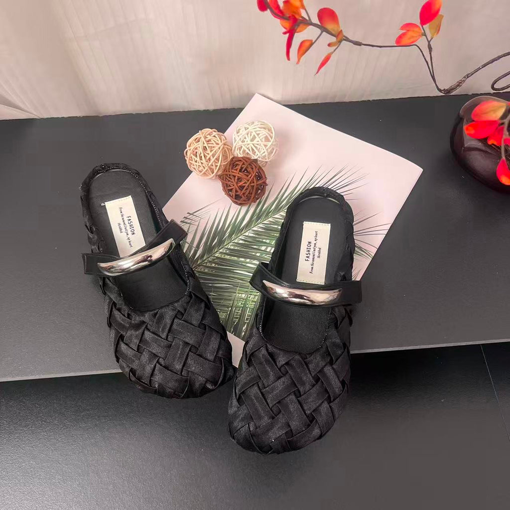 Satin Slide Mules in black, front view