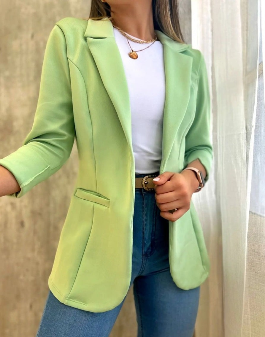 Minimalist Long-Sleeve Blazer Coat in khaki, detail view