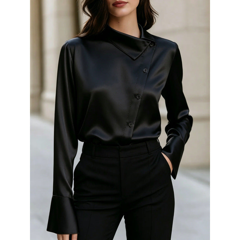 Satin Long-Sleeve Blouse in black, front view