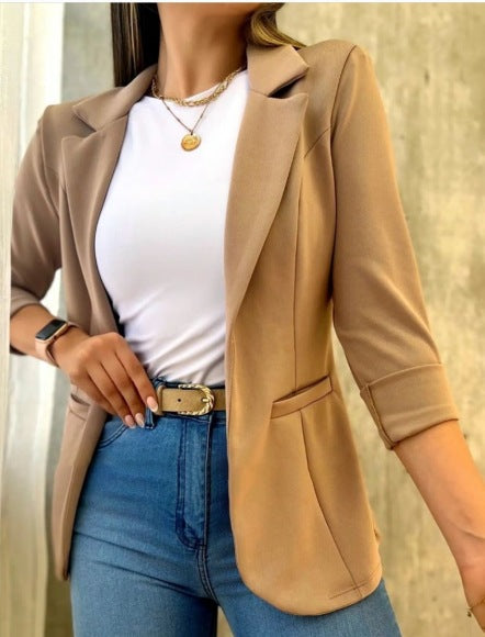 Minimalist Long-Sleeve Blazer Coat in khaki, view 6