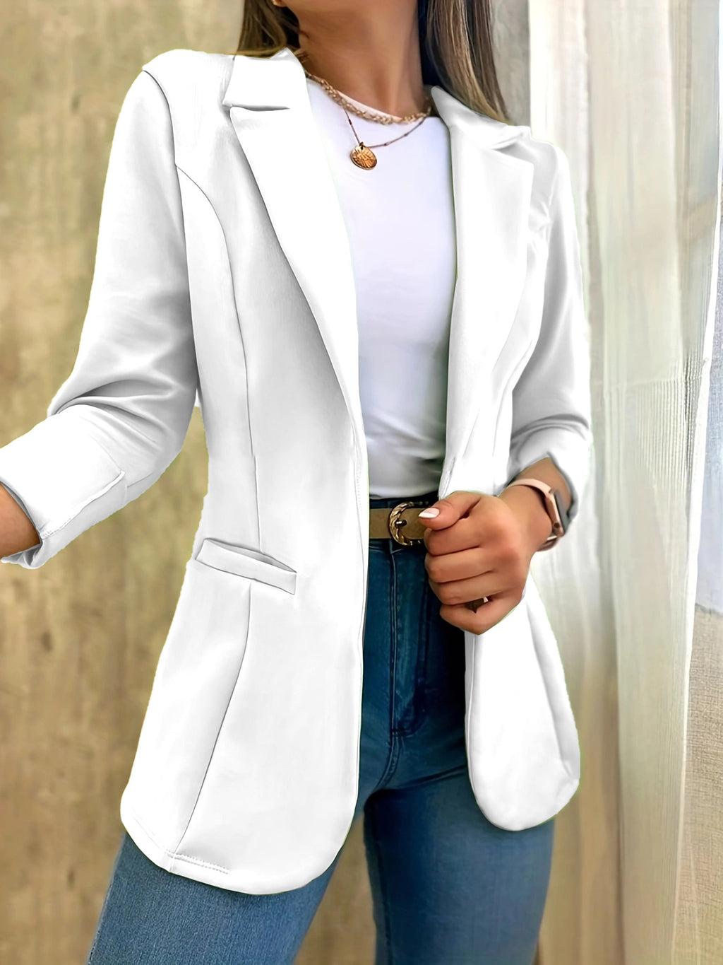 Minimalist Long-Sleeve Blazer Coat in khaki, view 7