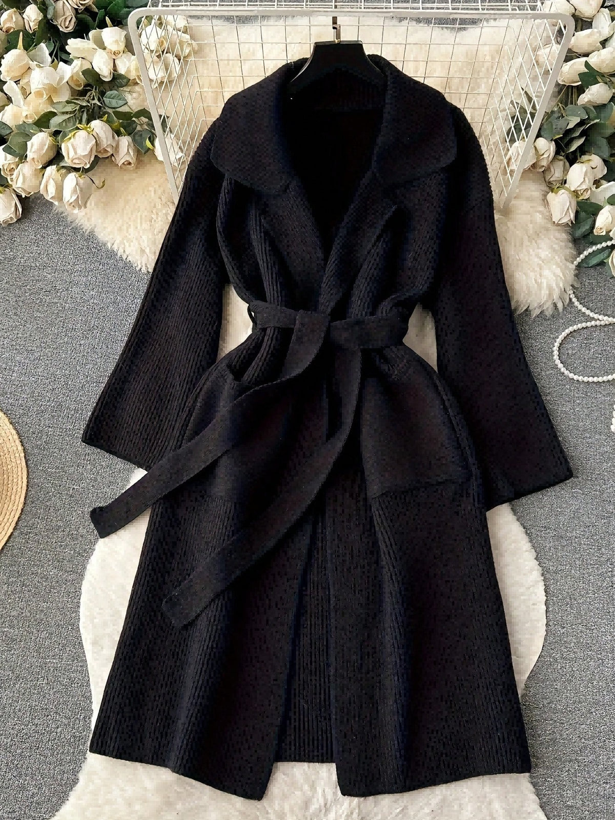 Knit Long Wrap Cardigan Coat in black, front view