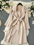 Knit Long Wrap Cardigan Coat in apricot, front view