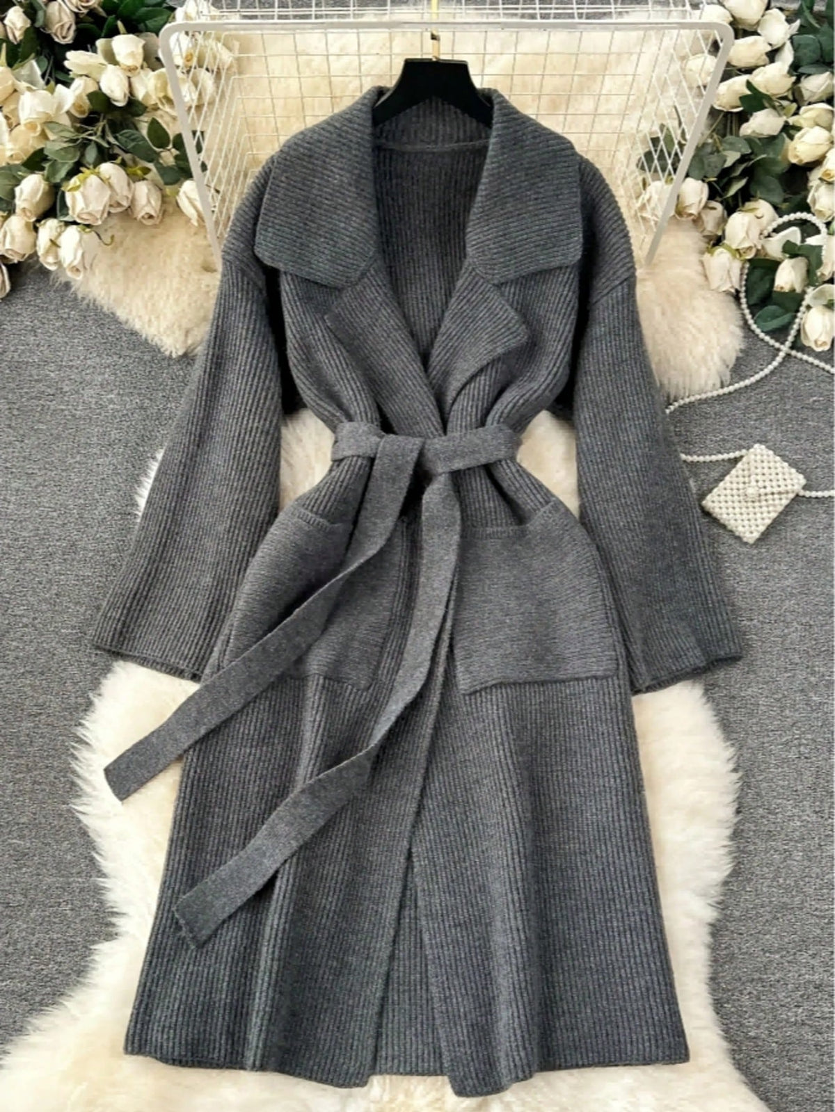 Knit Long Wrap Cardigan Coat in dark grey, front view
