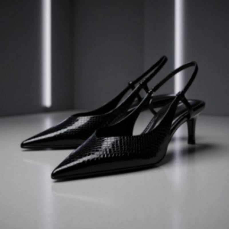 Black textured kitten-heel slingbacks, view 1