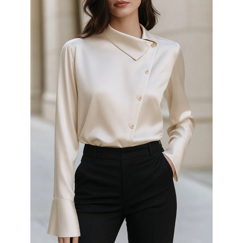 Satin Long-Sleeve Blouse in apricot, front view