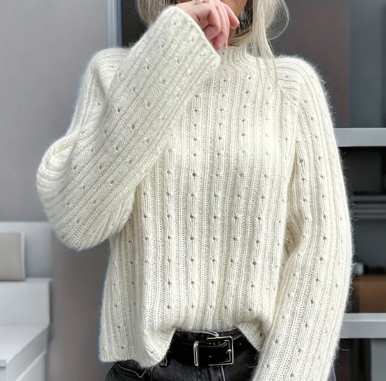 Pointelle Turtleneck Sweater in white, detail view