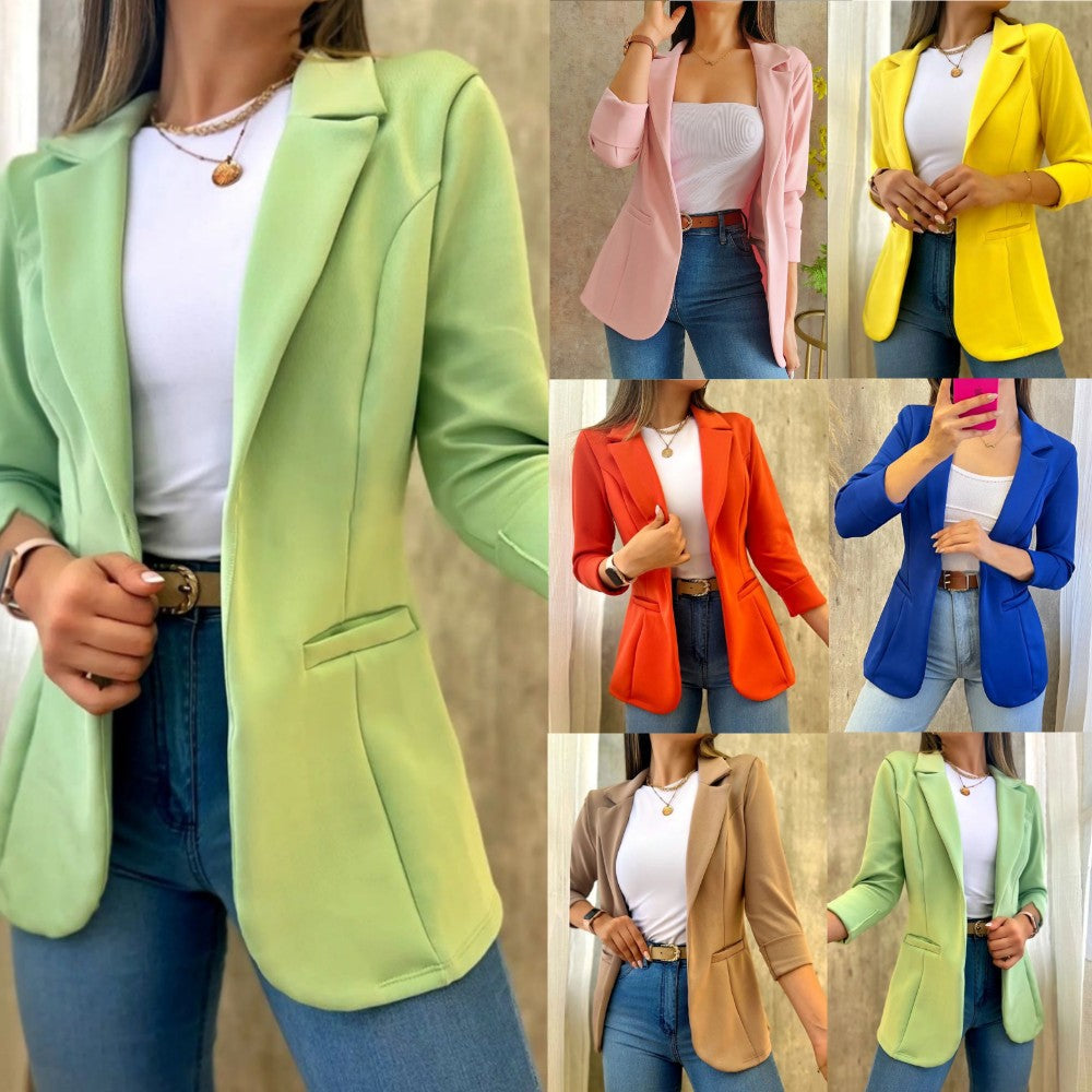 Minimalist Long-Sleeve Blazer Coat in khaki, front view