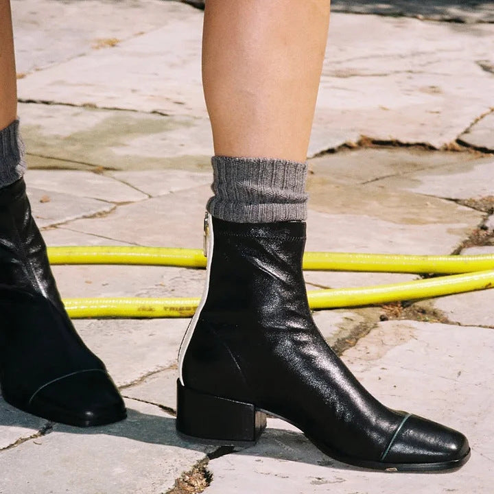 Black square-toe ankle boots, view 2